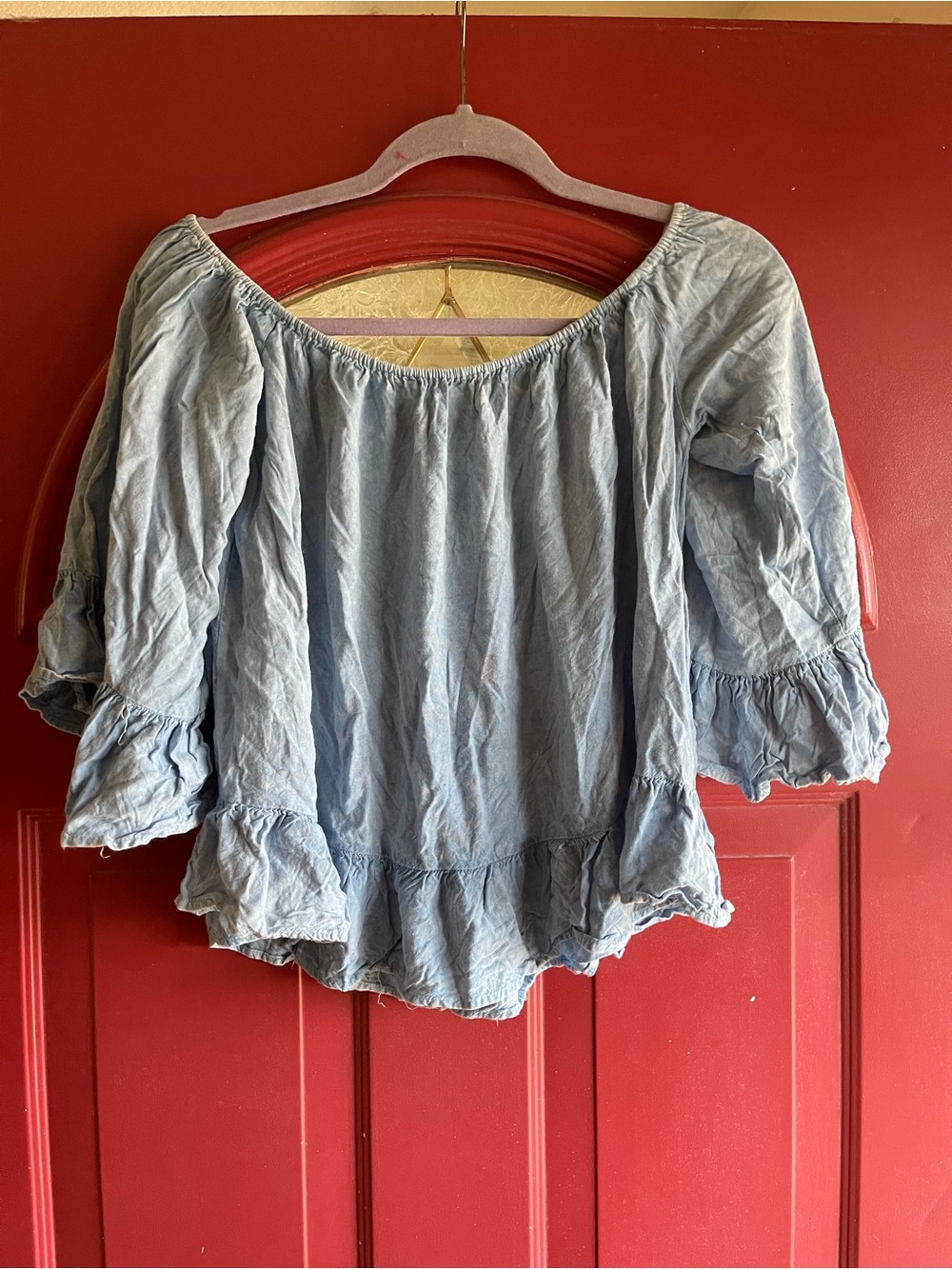 Style Envy Light Blue Off-Shoulder Ruffle Tunic